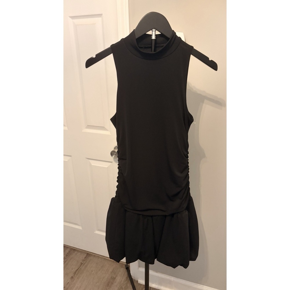 Madden NYC Black Bubble Dress Small Mock Neck Sleeveless Ruched Mini LBD EUC